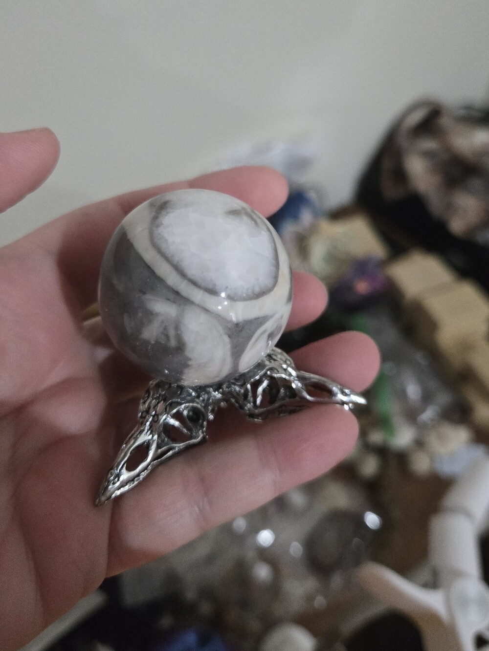 3 Head Raven Skull Metal Crystal Sphere Holder